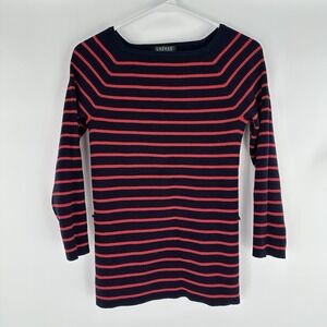 VTG Lauren Ralph Lauren Woman Navy Red Stripe Boatneck Rib Knit Nautical Top PS